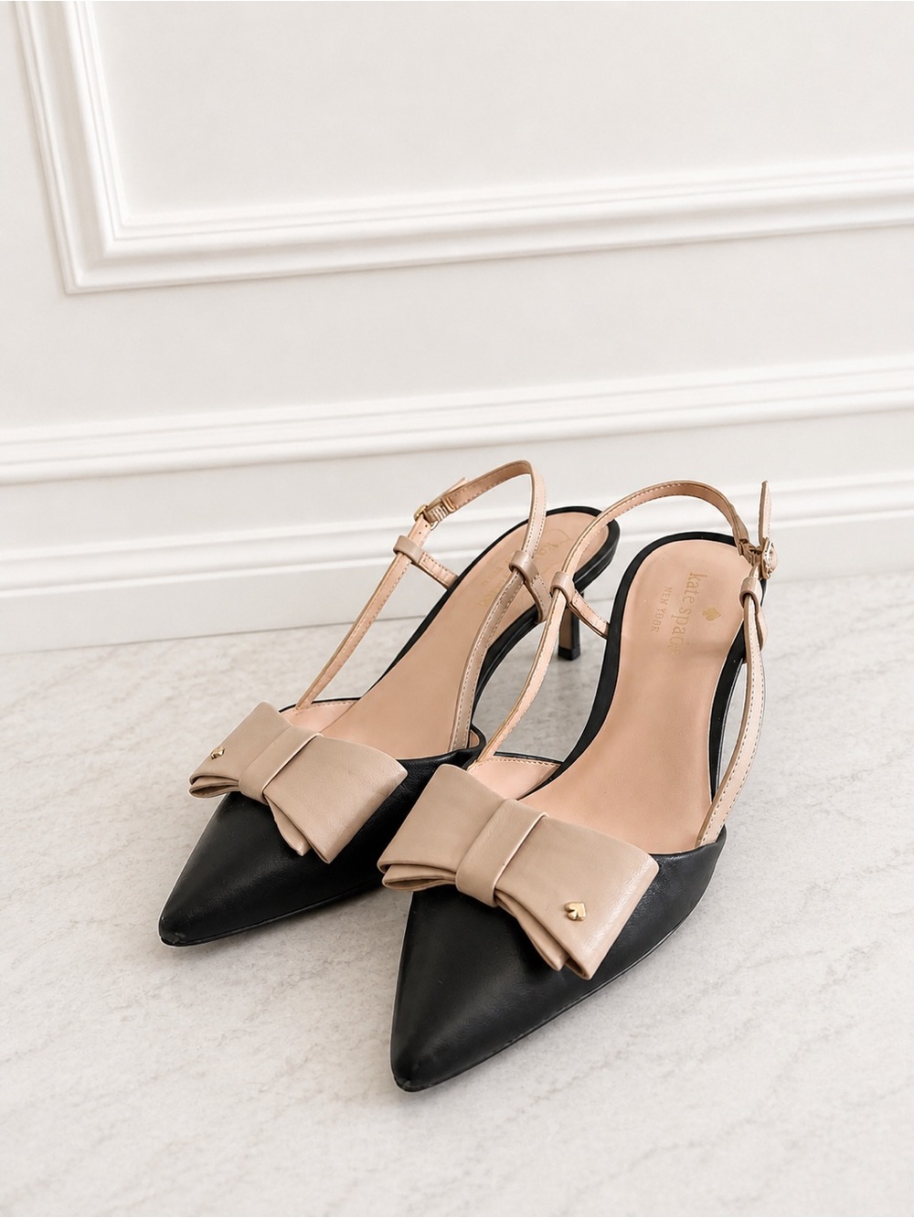 kate spade Black and Nude Pointed Toe Slingback Heels with Bow